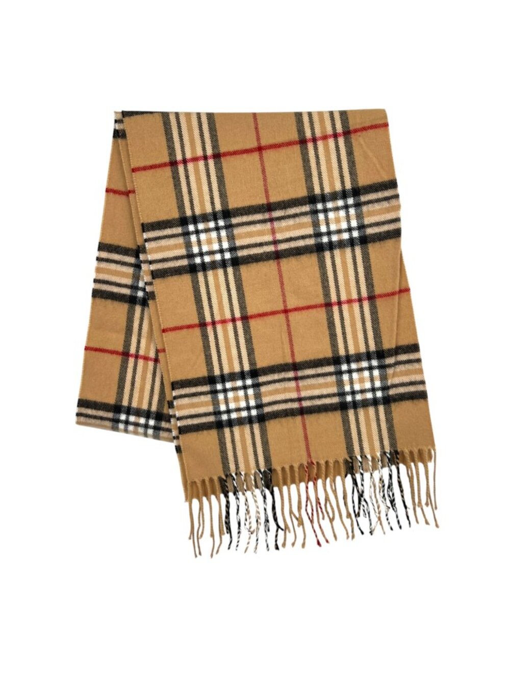 Plaid 100% Cashmere Scarf With Fringed Edges in Camel Black Red Quiet Luxury